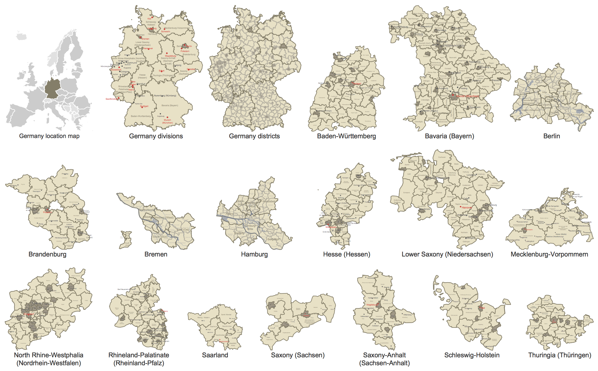 Решение Карта Германии   предлагает пользователям ConceptDraw DIAGRAM широкий выбор готовых к использованию объектов векторных карт, составляющих библиотеку Германии
